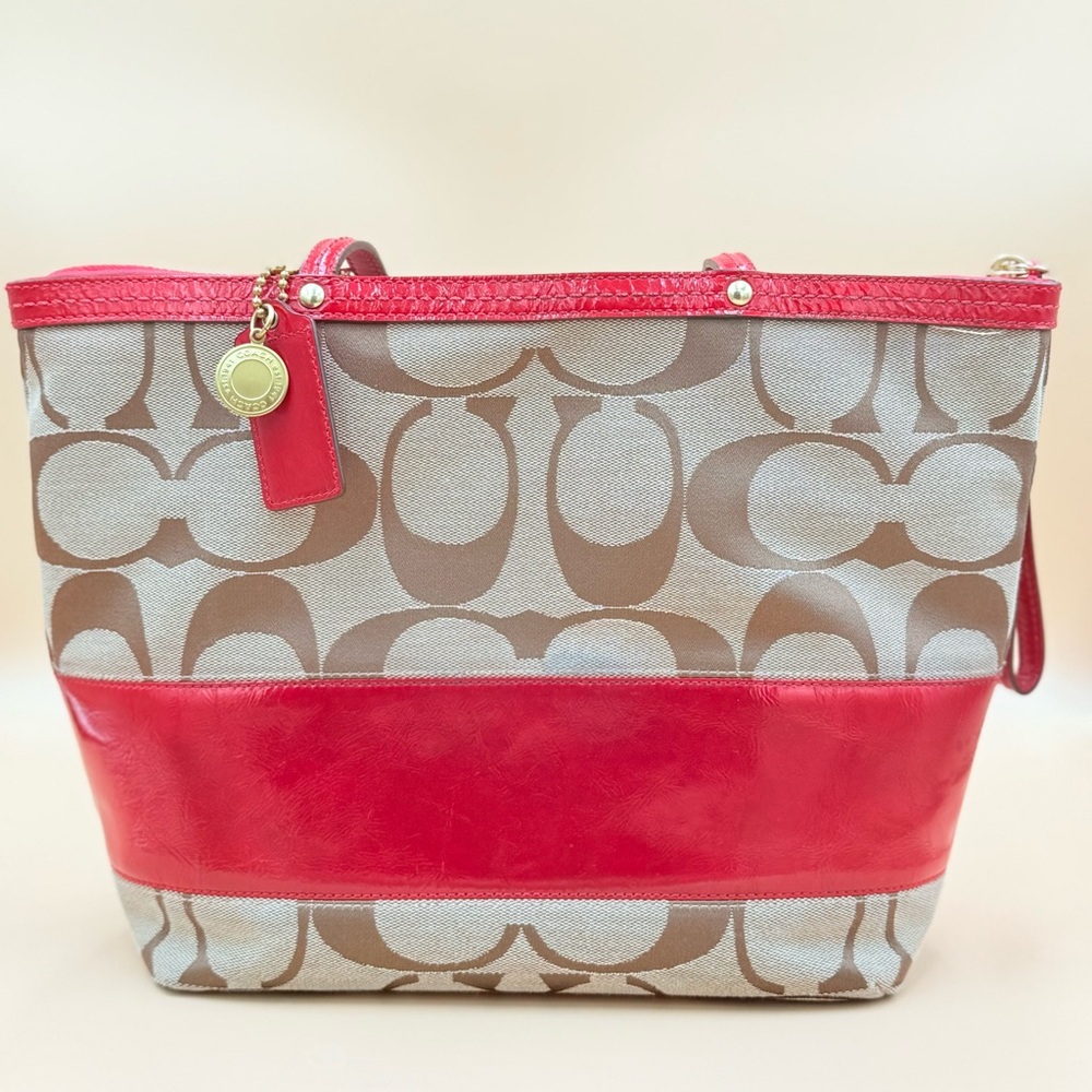 Coach Red and Tan Signature Tote Bag